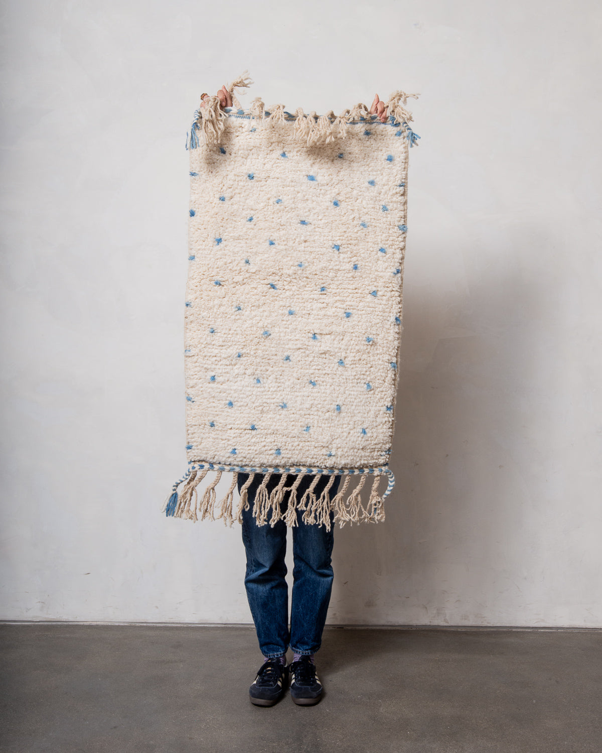 Modern, designer, handcrafted Berber rug from Morocco. Beniourain carpet with beautiful colours and patterns and fluffy wool texture.
